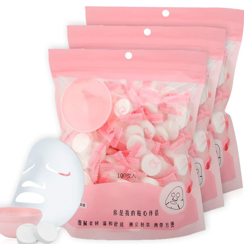 Pormasbenzer DIY 3 Packs/300PCS Compressed Facial Mask Grain Skin Care, Dry Sheet Natural Face Cotton Mask Sheet With Free Mask Bowl (300 Pieces)