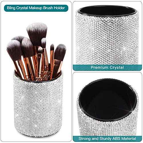 OTOSTAR Bling Crystal Makeup Brush Holder Organizer Storage Cosmetic Tools Eyebrow Pencil Eyeliners, Multifunctional Handcrafted Rhinestones Pen Holder for Home Office (Silver)