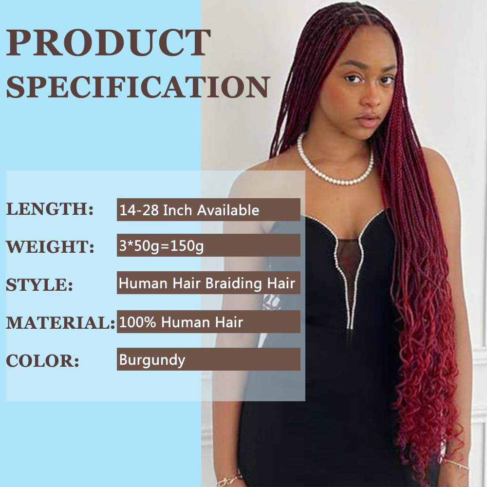 Burgundy Human Braiding Hair for Boho Braids 150g 18 inch Deep Wave Bulk Human Hair for Braiding 3 Bundles Wet and Wavy Bulk Bohemian Curly Bundles