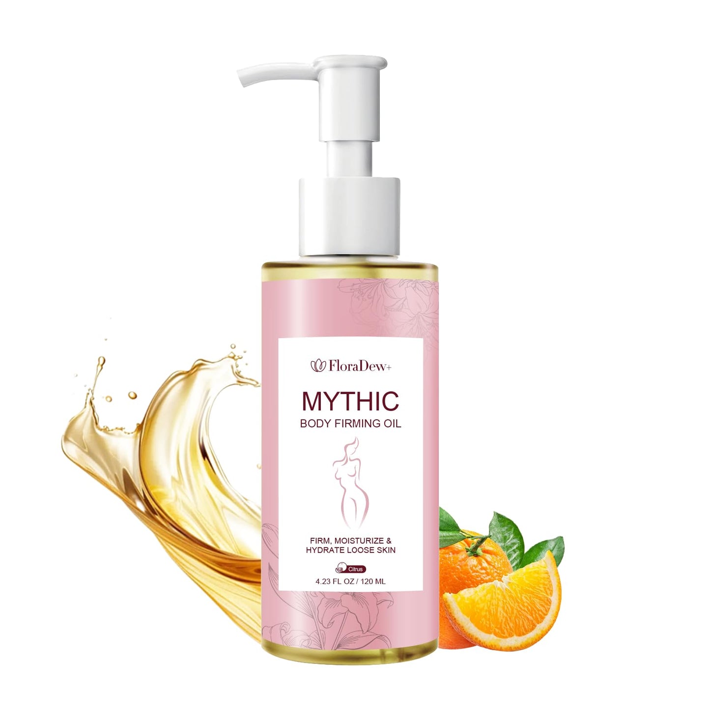 FloraDew+ Mythic Body Firming Oil for Women, Citrus Scented Moisturizing Body Oil, 4 FL OZ Vitamin E Skin Care Oil, Lightweight Fast Absorbing Daily Body Oil for Dry Skin