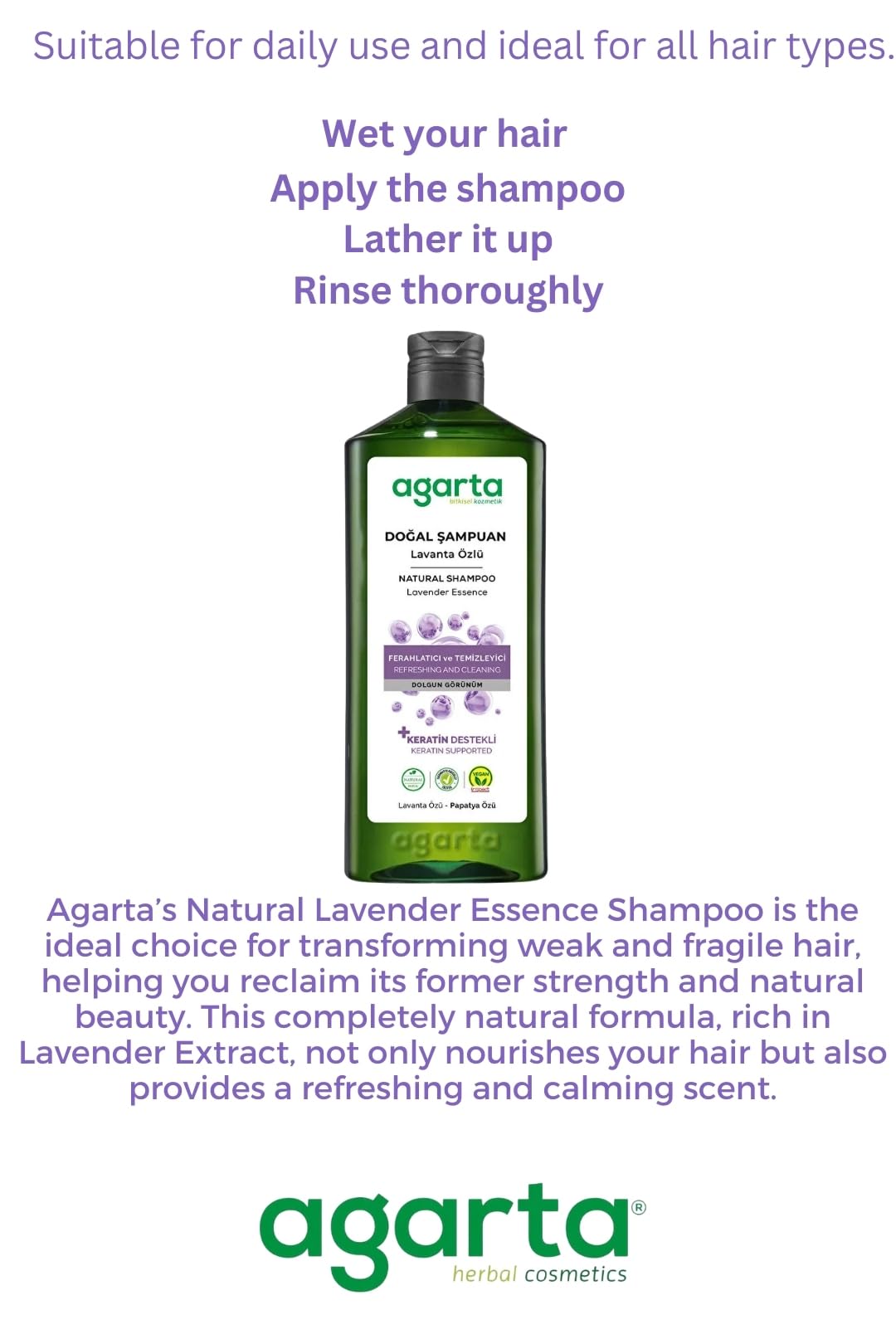 Agarta Lavender Shampoo – Botanical Hair Care Shampoo with Lavender Extract for Softness & Shine, Vegan Clean Formula – 14 fl oz