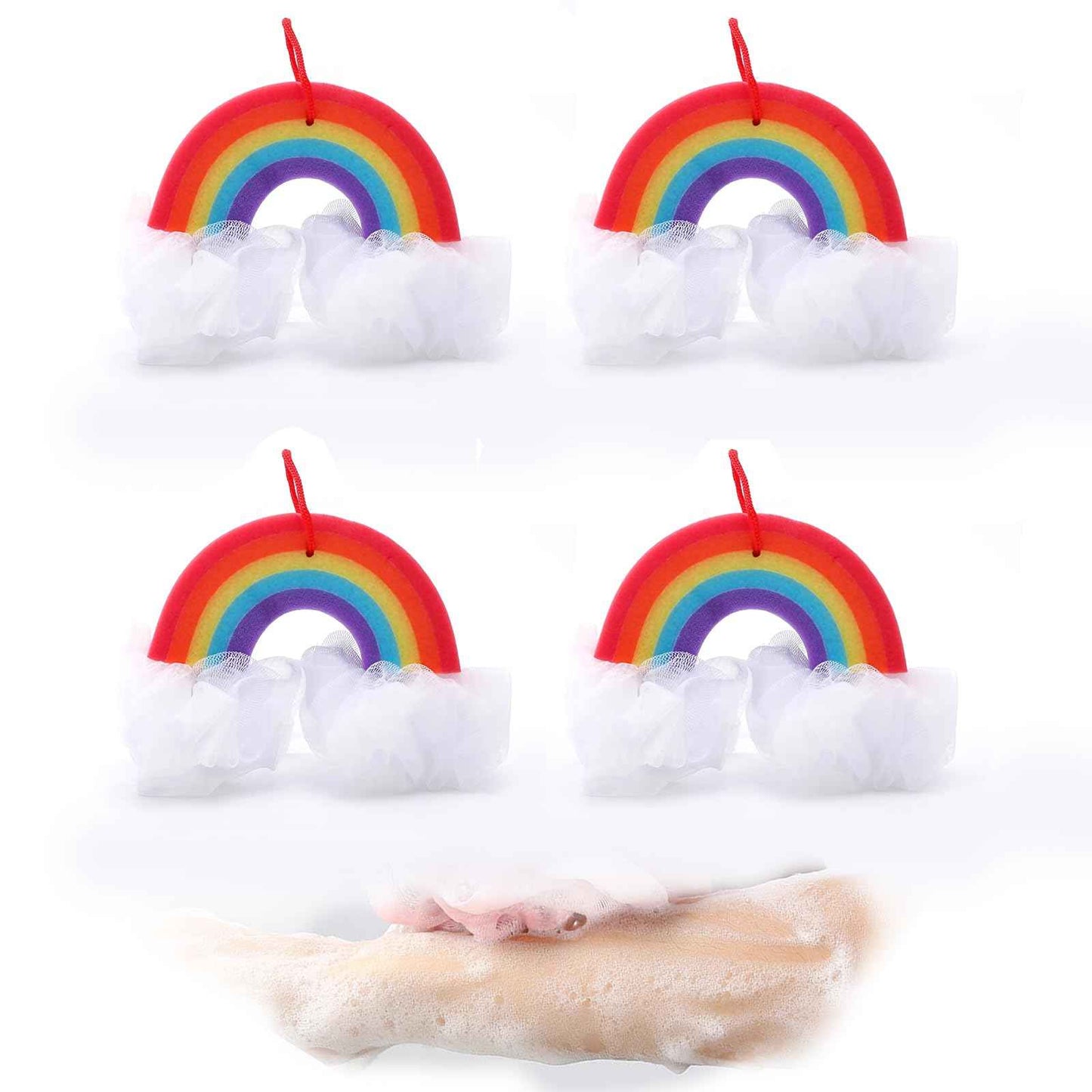 SHIDOW Rainbow Bath Ball Shower Loofah Sponge, Rainbow Shape Bath Sponge Shower Loofahs with Ribbon Loop for Shower for Women Girls (4 Pcs)