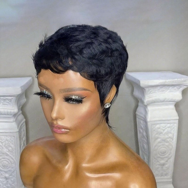 Pixie Cut Wig - Human Hair Short Layered Wig for Black Women | Glueless Full Machine Made with Bangs, Black Color