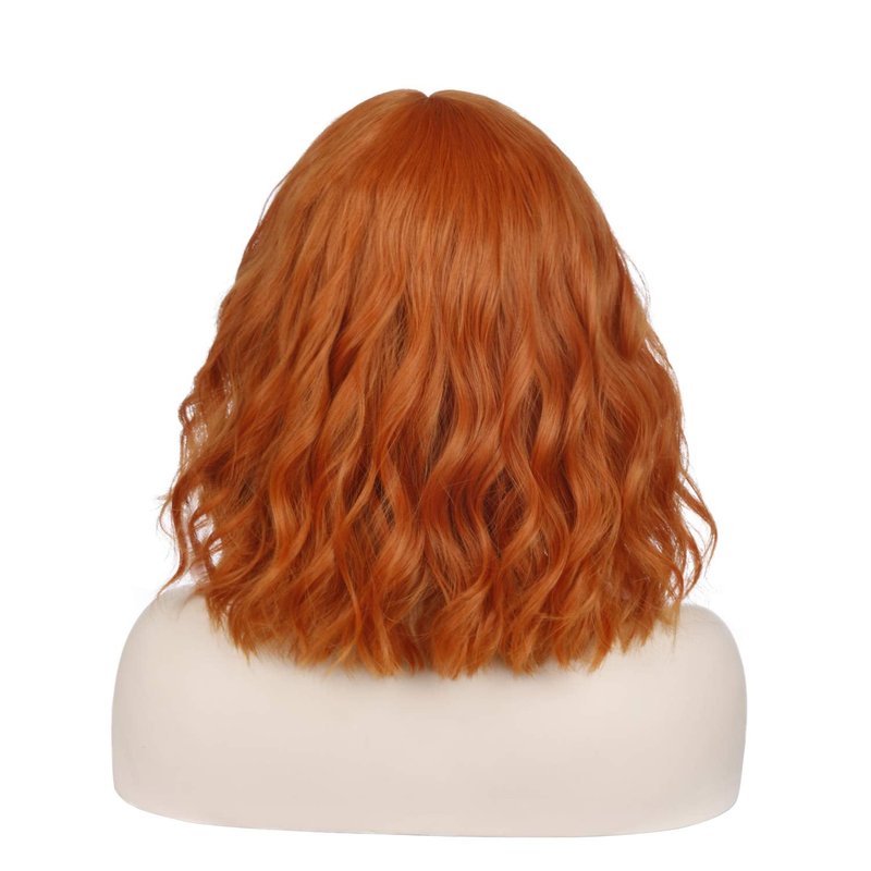 Short Dark Orange Wig with Bangs - Curly Wavy Bob Synthetic Hair for Women | Shoulder Length