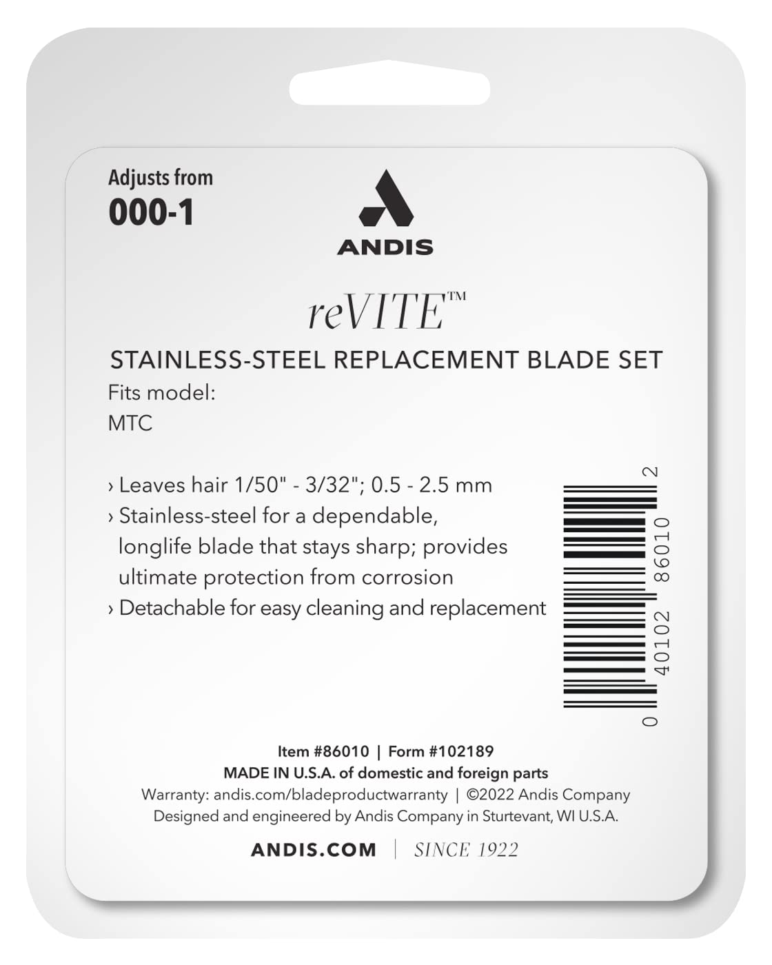 Andis 86010 reVITE Taper Clipper Replacement Stainless Steel Blade, 000-1