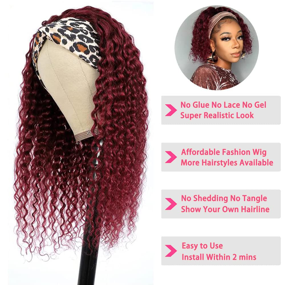 Headband Wig - 99J Burgundy Deep Wave | 10 Inch 180% Density Human Hair Wig