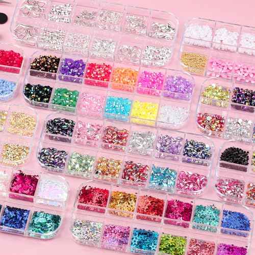 12 Boxes Nail Art Kit with Nail Charms, Gems, Rhinestones & Studs - Flatback Rhinestones, 3D Gold/Silver Charms, White Half Pearls, Pink Flower Charms, Star/Butterfly Sequins + 4 Tools for DIY Crafts