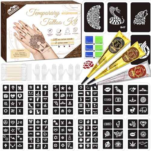 136 Pcs Temporary Tattoo Stencils Kit, 3 Pcs Tattoo Cones 3 Color (Black/Maroon/Cherry Red/) Reusable Templates and Cotton Swabs, DIY Body Art Skin Painting Designs for Women Men Adults Kids Gifts