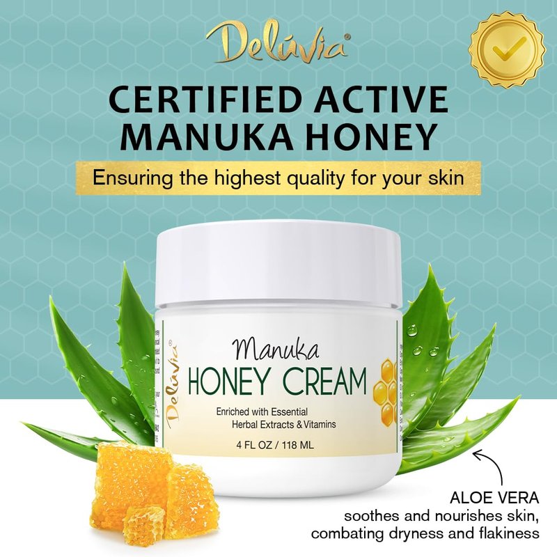Deluvia Manuka Honey Cream | Hydrating & Soothing Moisturizer Face & Body Lotion | for Sensitive Skin, Eczema, Psoriasis & Dermatitis | 4 ounce