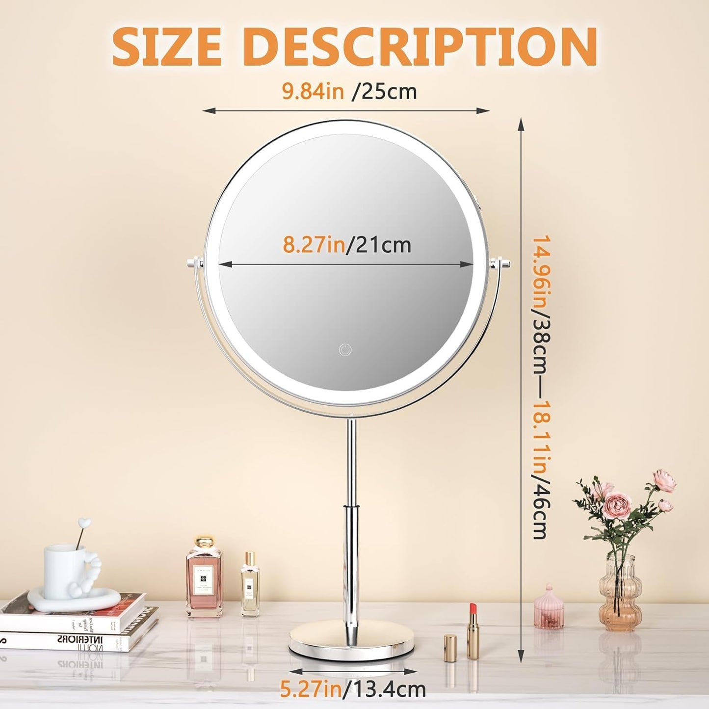 Lighted Makeup Mirror - 10-Inch Rechargeable Vanity Mirror with Magnification & Dimmable Brightness | 3 Lighting Modes, Adjustable Height, Black