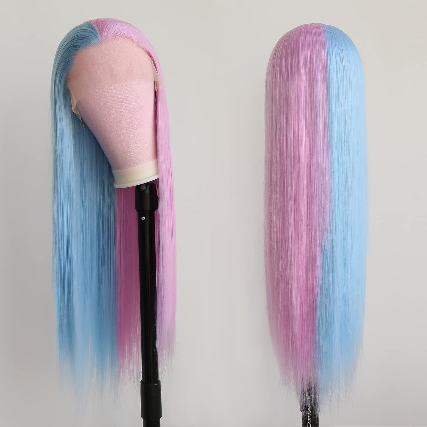 BTWTRY Half Purple Half Blue Synthetic Lace Front Wig for Fashion Women Synthetic Hair Glueless Pre Plucked Natural Hairline Heat Resistant Fiber Hair Wigs (24 Inch, Half Purple Half Blue)