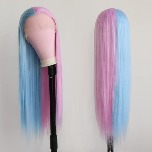 BTWTRY Half Purple Half Blue Synthetic Lace Front Wig for Fashion Women Synthetic Hair Glueless Pre Plucked Natural Hairline Heat Resistant Fiber Hair Wigs (24 Inch, Half Purple Half Blue)