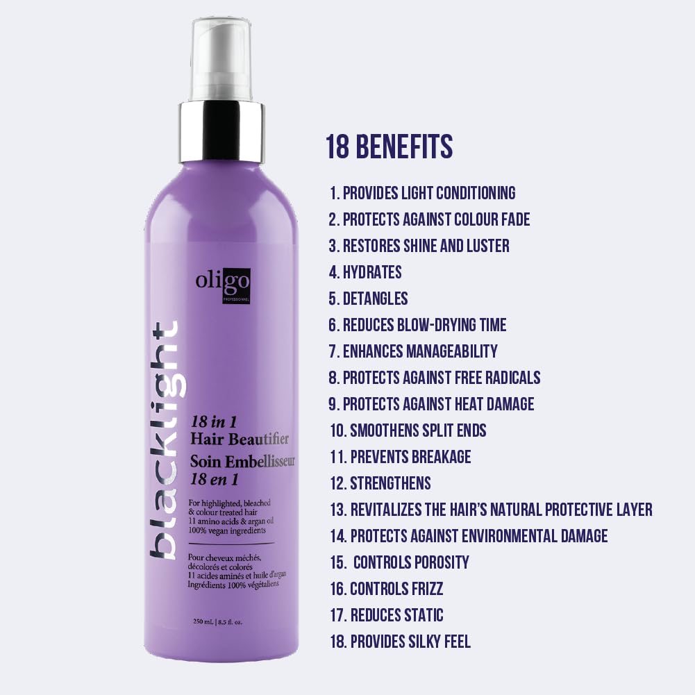 Oligo Professionnel - Blacklight 18-in-1 Hair Beautifier for blondes - Vegan - Paraben free - Anti Frizz - Heat Protectant Leave-in Conditioner - Argan Oil - Detangling Hydrating Spray - 8.5oz