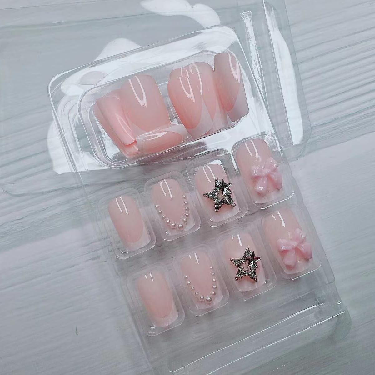 24pcs French Tip Press-On Nails - Short, Charms, Bow, Flower Design, Pink, Cute, Square Shape, Acrylic, Rhinestones