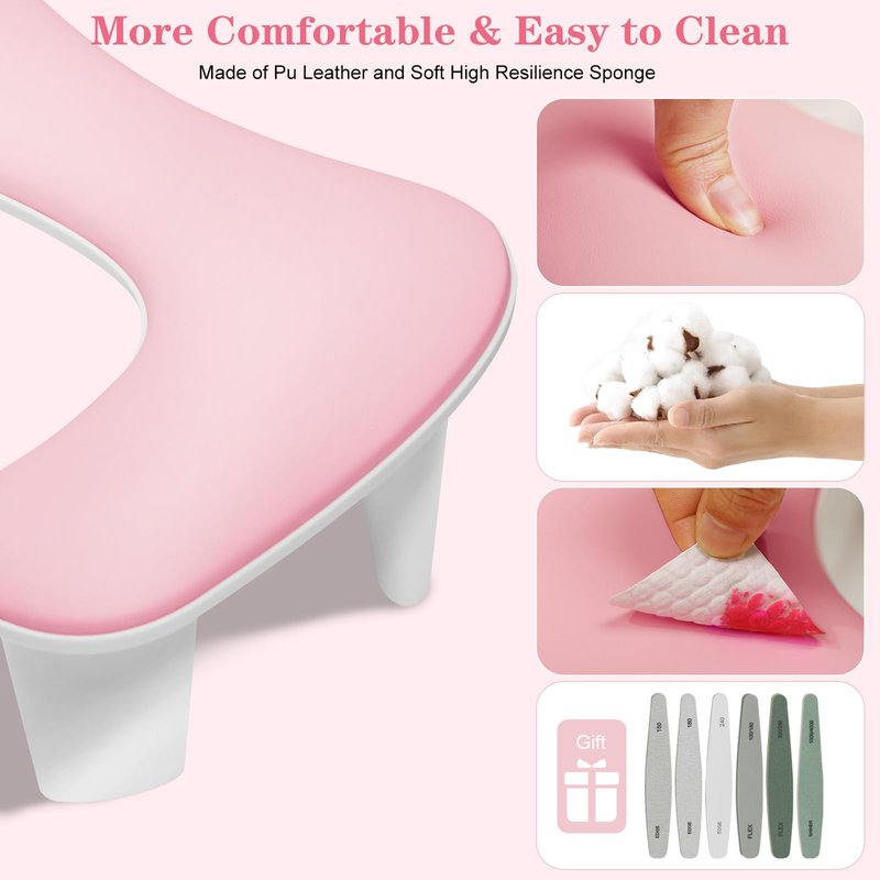 Ruetail Two Hands Arm Rest for Nails Tech U-Shape Nail Hand Pillow with 6Pcs Nail Files Professional Portable Nail Stand Hand Rest Leather Manicure Rest Stand Salon Manicurist Essentials (Pink)