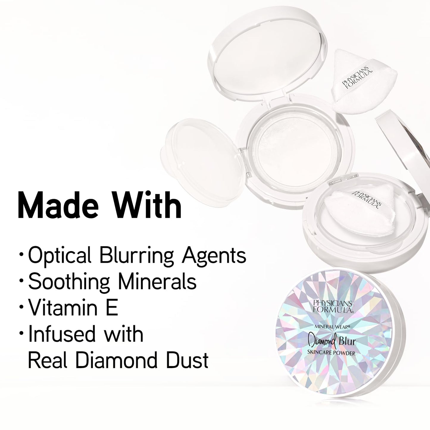Physicians Formula Mineral Wear®Diamond Blur Skincare Cushion Powder, Blurring & Pore Diffusing Long Lasting Matte Finish Face Powder, Talc-Free- Translucent