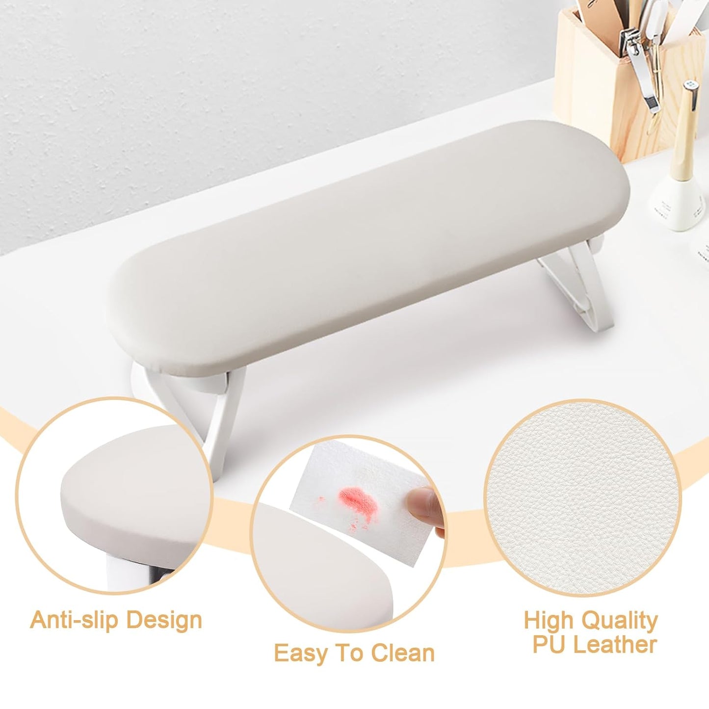 Nail Arm Rest - Foldable PU Leather Cushion for Acrylic Nails | Light Gray Hand Holder for Manicure & Pedicure