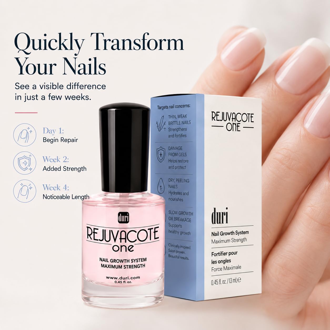 Duri Rejuvacote 1 Nail Growth System - Maximum Strength Nail Strengthener for Damaged Nails from Gel, Acrylic Manicure | Grow Long Natural Fingernails Fast - Rejuvacare Nail Hardener - 0.45 fl. oz.