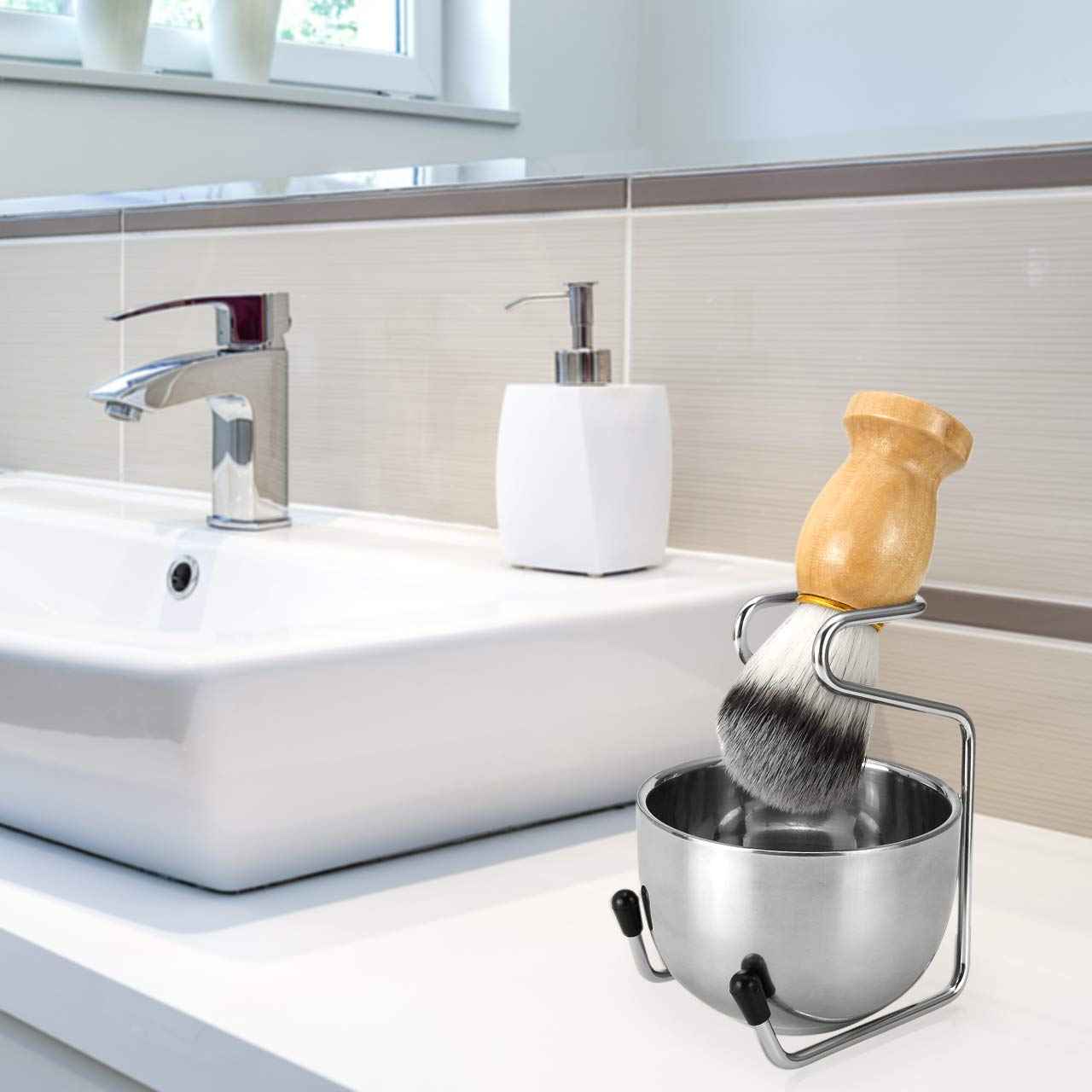 Wismee 3 In 1 Shaving Brush Set Shaving Soap Bowl & Shaving Stand & Badger Hair Shaving Brush Kit Shaving Cleaning Tool for Men (Silver+soap)