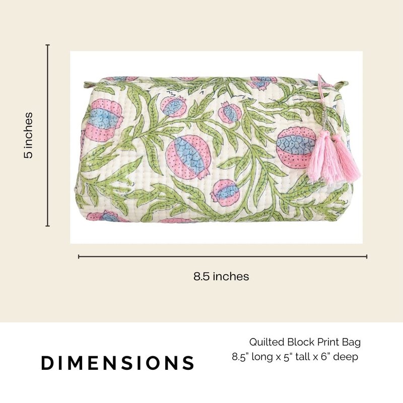 Palmetto Home Block Print Makeup Bag & Toiletry Pouch – Quilted Cotton Cosmetic Bag for Travel, Artisan Handmade Organizer for Women, Giftable (Boho Pomegranate)