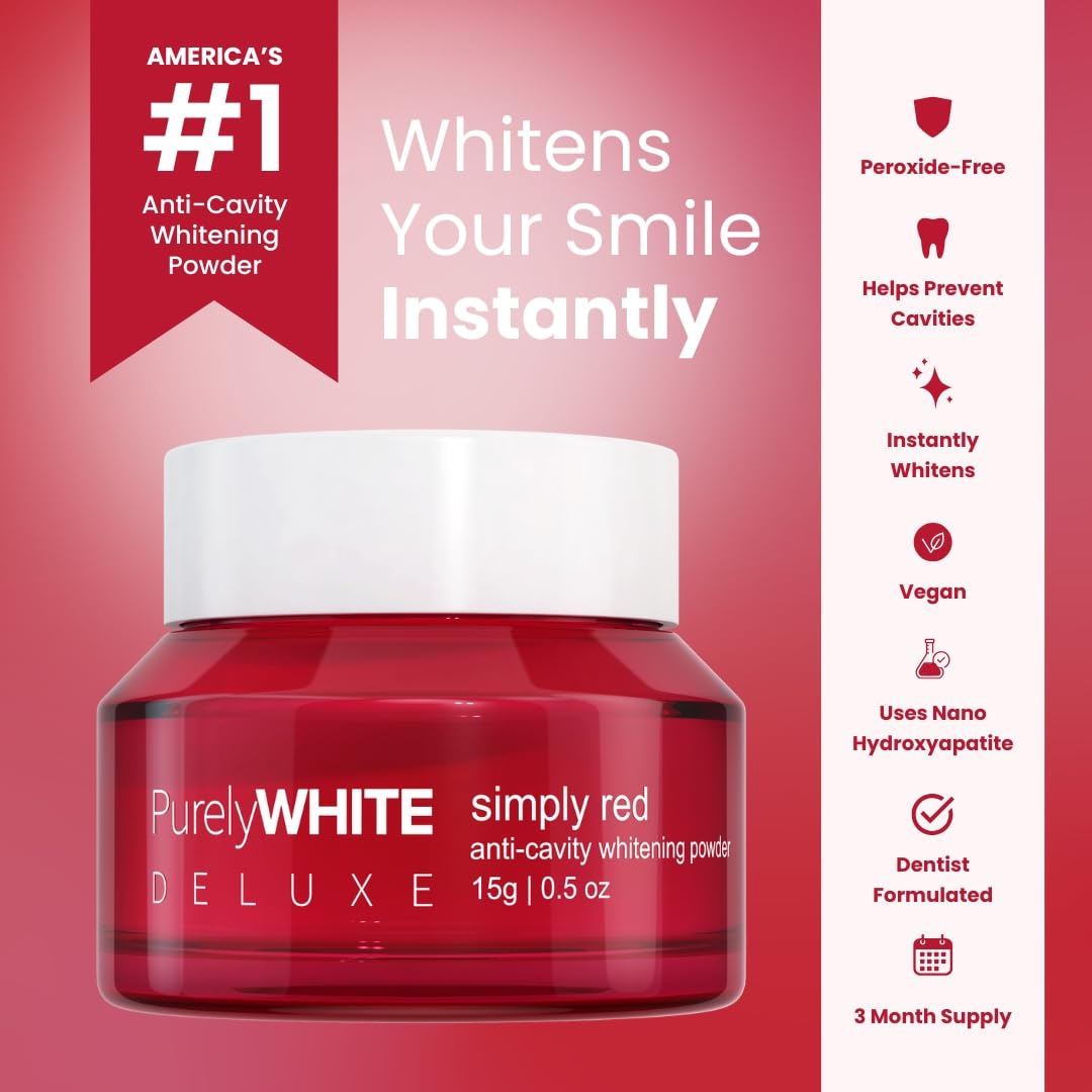PurelyWHITE DELUXE, Anti-Cavity Whitening Powder - Removes Stains, Flouride-Free, Nano Hydroxyapatite (nHA) Enamel-Safe Toothpaste Whitening Powder for Coffee, Tea, Food, Wine, and Tobacco Stains.