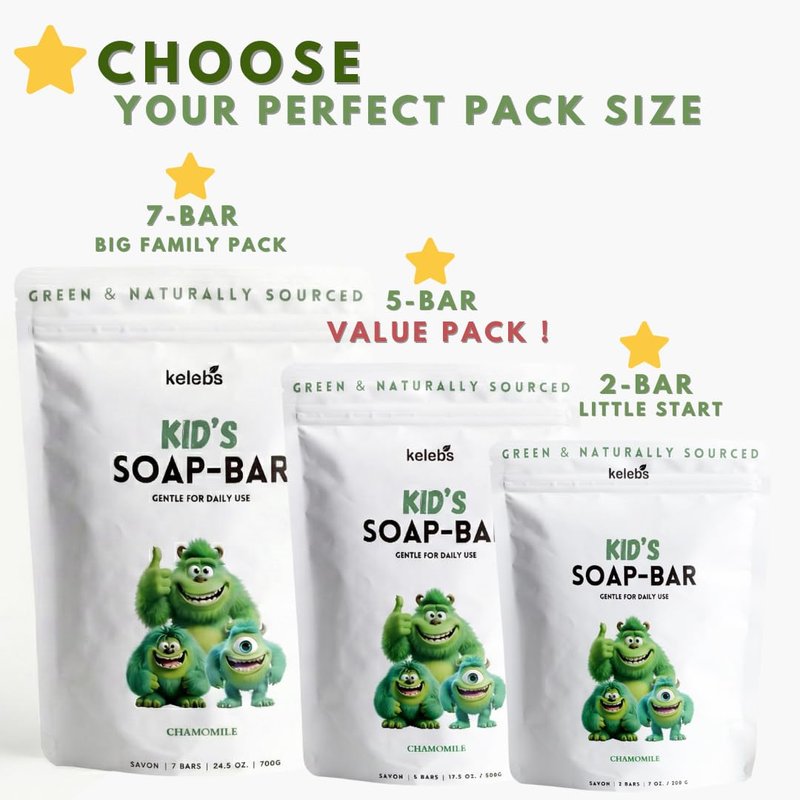 KELEBS Hypoallergenic Kids Soap Bar | Organic & Gentle Body Wash for Children | Natural Ingredients – Chamomile, 7 Bars