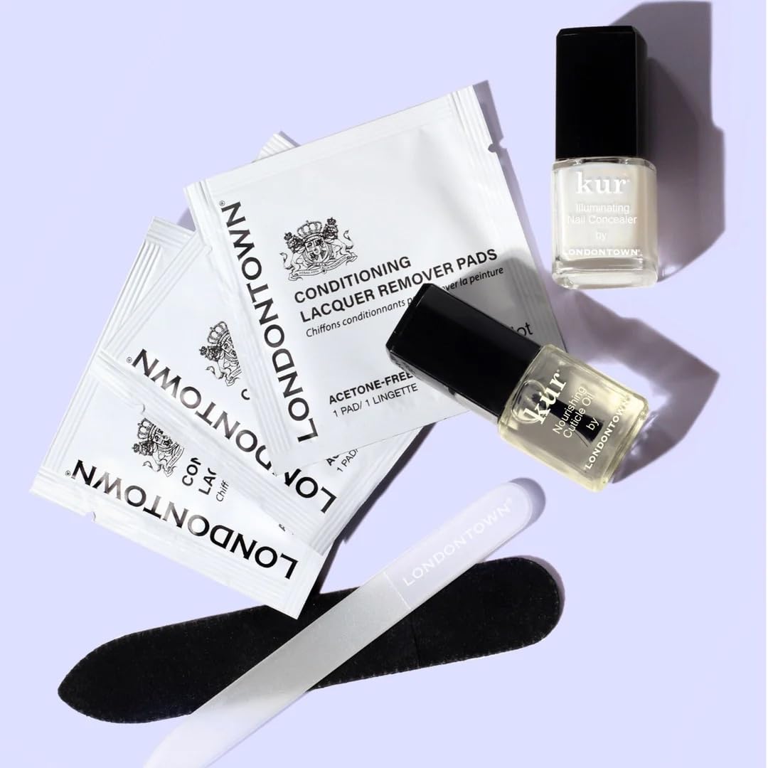 LONDONTOWN Jet Set Travel Nail Kit – Mini Nail Concealer, Cuticle Oil, Remover Pads & Glass File for Healthy, Polished Nails On the Go, No Base or Top Coat Needed