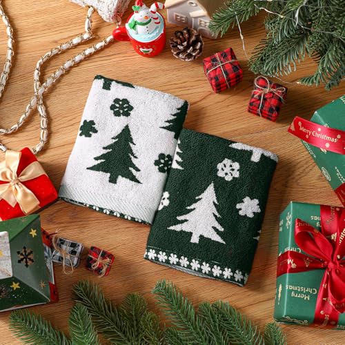 6 Pcs Christmas Washcloths Cotton Wash Cloths 13" X 13" Winter Xmas Kitchen Small Face Towels Absorbent Soft Bath Towels for Christmas Holiday Party Decor(Green,Xmas Tree)