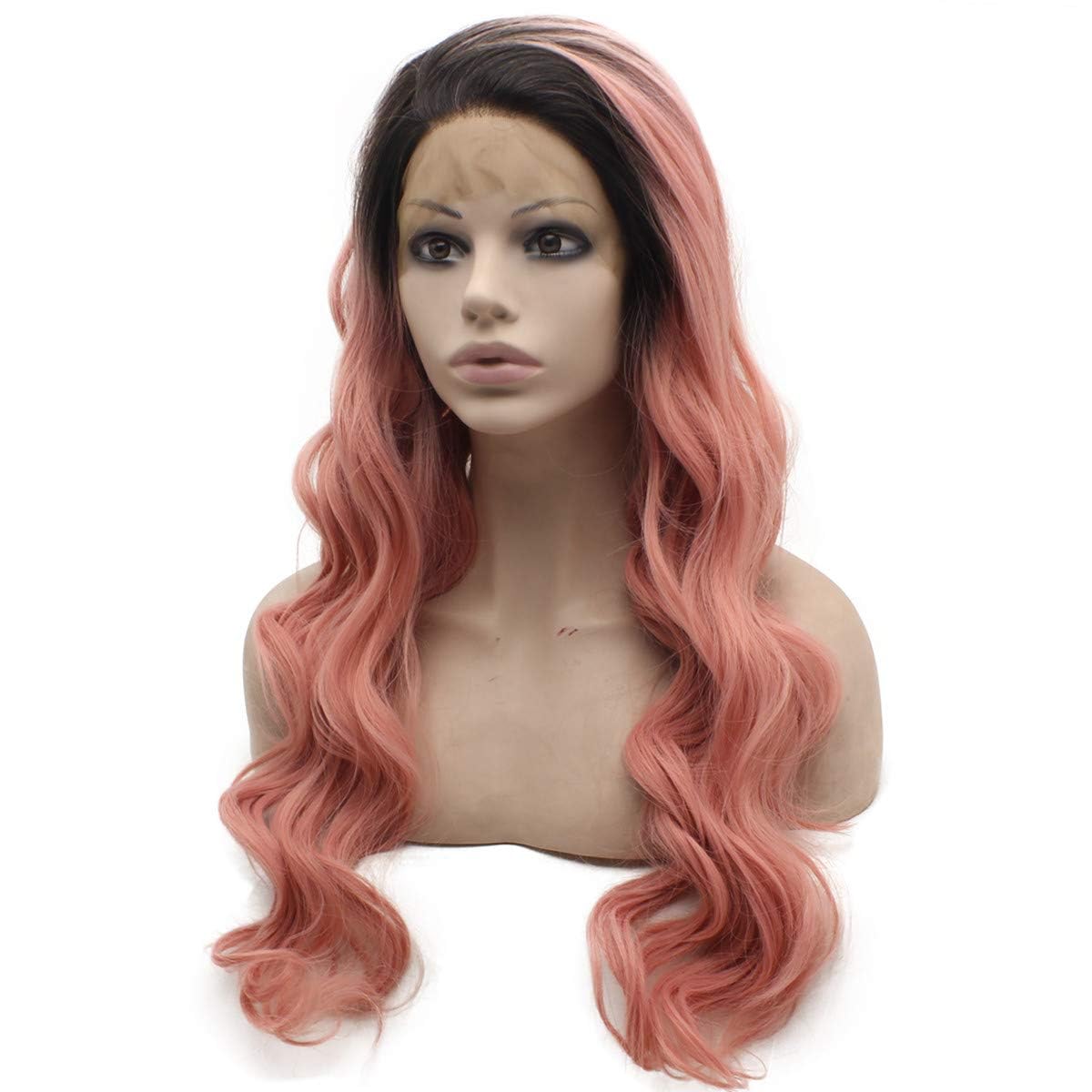 Long Wavy Pink Lace Front Wig - Dark Root Synthetic Hair | Half Hand Tied Design