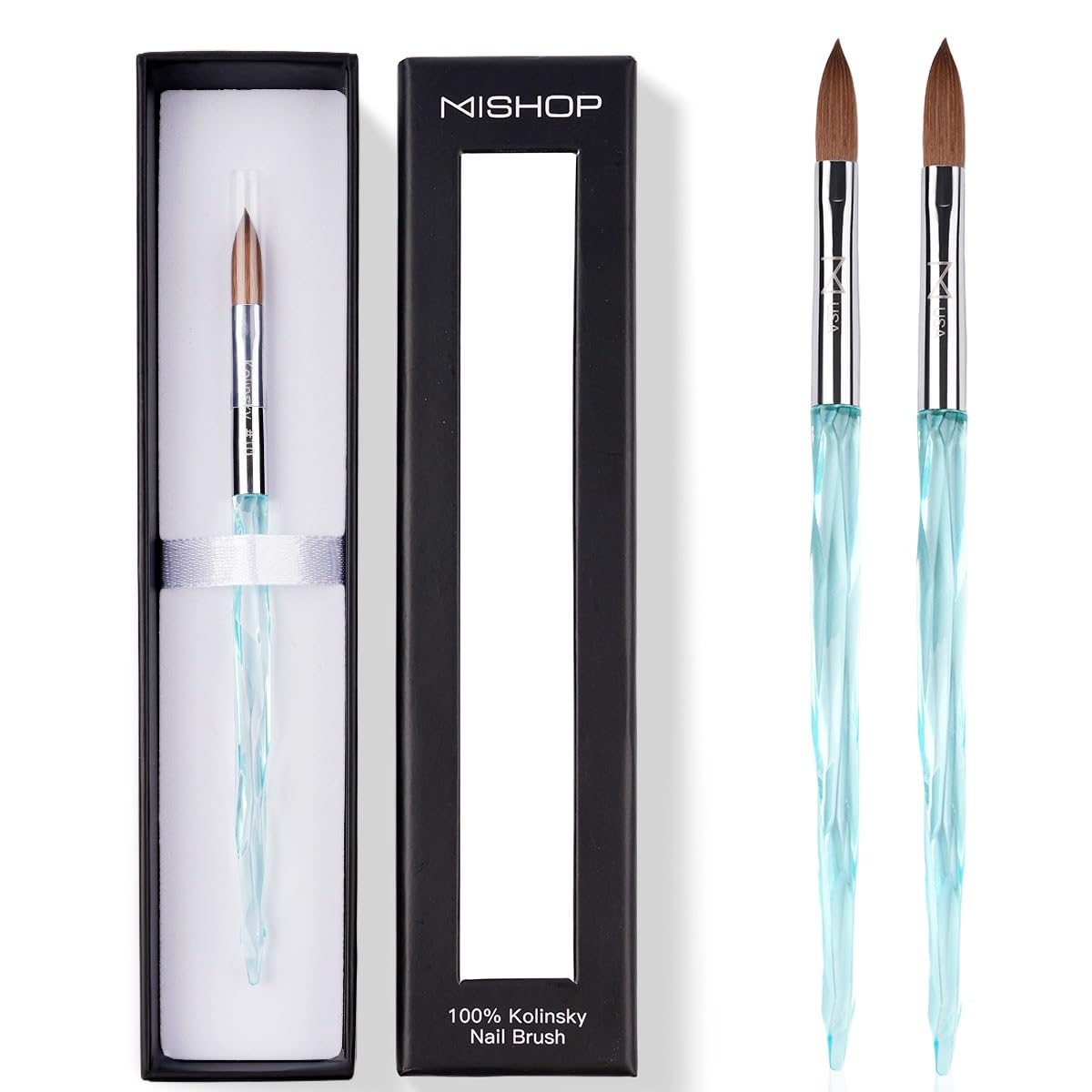 M ProK 100% Kolinsky Acrylic Nail Brush – Professional Nail Brush for Acrylic Application with Crystal Blue Handle – Handcrafted Salon Quality Tool (Size #14)