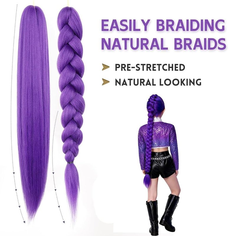 Braiding Hair Pre-stretched Extension Synthetic Yaki Purple Braiding Hair Extensions for Gril Kid Woman Adults 24 Inch Braiding Hair for K-POP Halloween Cosplay (Purple-2pcs 200 Gram 24 inch)