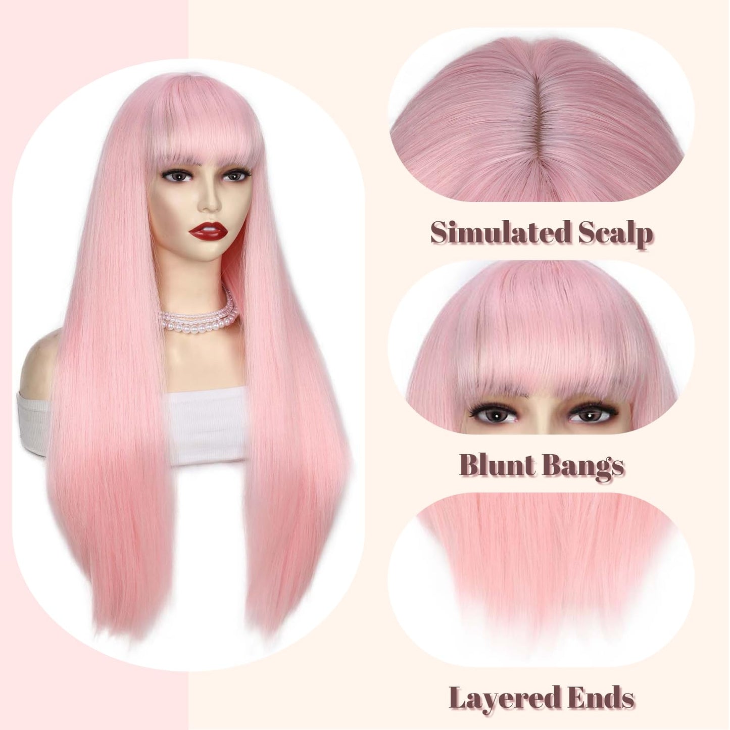 FANCEE Pastel Pink Wig with Bangs Long Straight Wig with Blunt Bangs for Women 26 Inch Synthetic Sakura False Hair Pink Wig with Layered Ends for Cosplay Halloween Party Daily Use