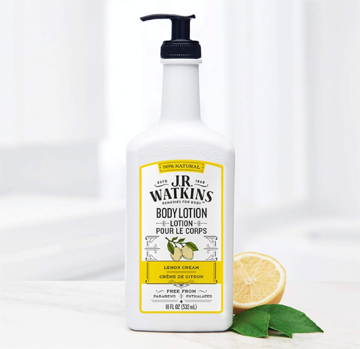 J.R. Watkins Daily Moisturizing Lotion – Body Cream in Pump Dispenser – Hydrating Skin Cream Made with Shea Butter, Cocoa Butter, Coconut Oil & Vitamin E, Lemon Cream, 18 fl oz