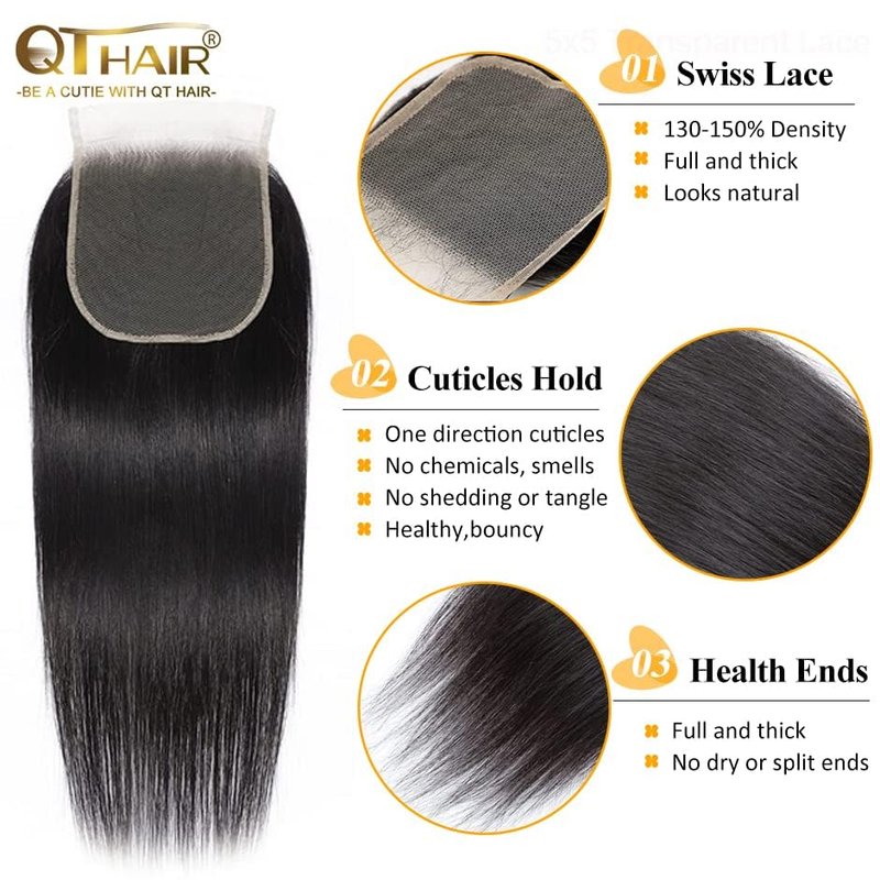 QTHAIR 5x5 Straight Transparent Lace Closure - 150% Density, Pre-Plucked Natural Hairline | 20" Length