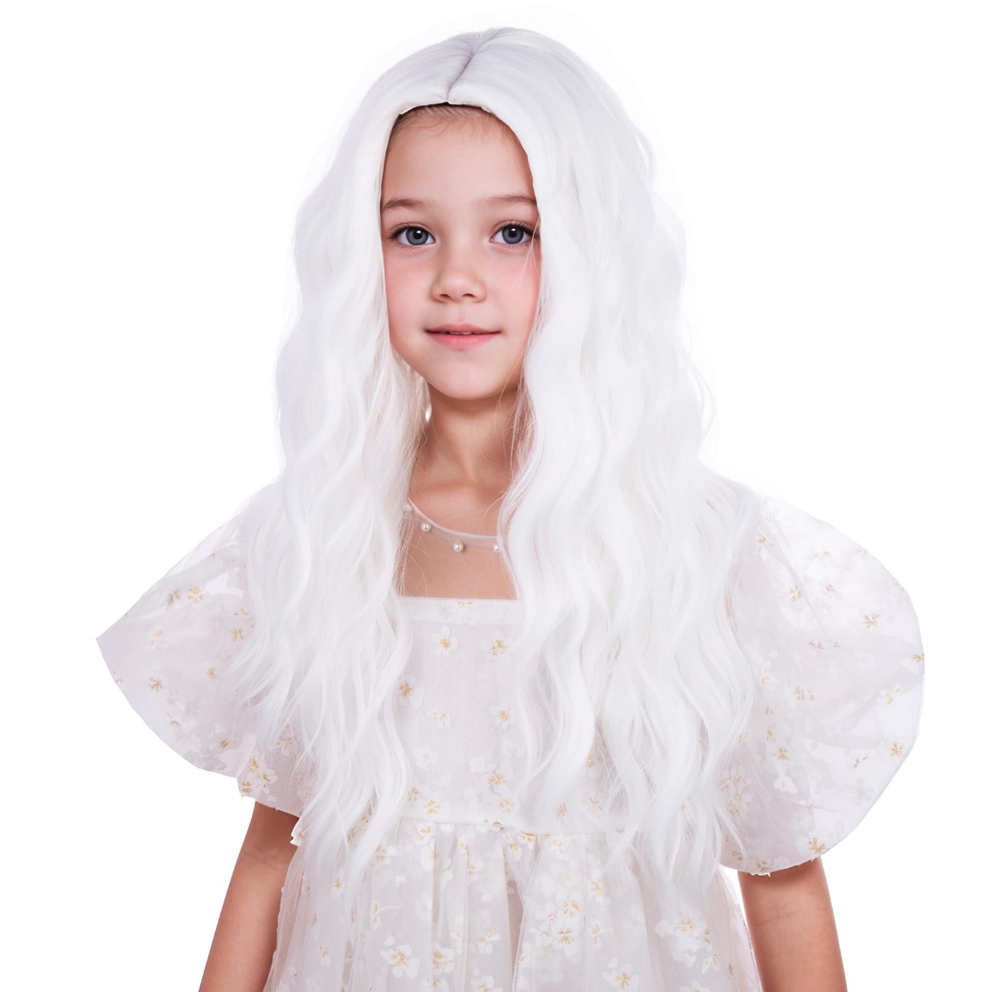 Edivd White Wig for Girls Kids Long White Wavy Curly Wig Middle Part Wigs for Child Heat Resistant Synthetic Wigs with Cap