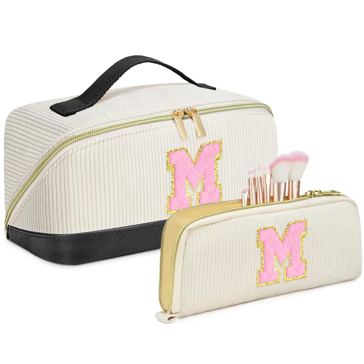 2pack Personalized Initial Travel Makeup Bag,Leather Waterproof Large Capacity Cosmetic Bags,Monogram Open Flat Toiletry Bag Make up Organizer Perfect for Women,Teen Girls,Birthday Gifts(Black M)