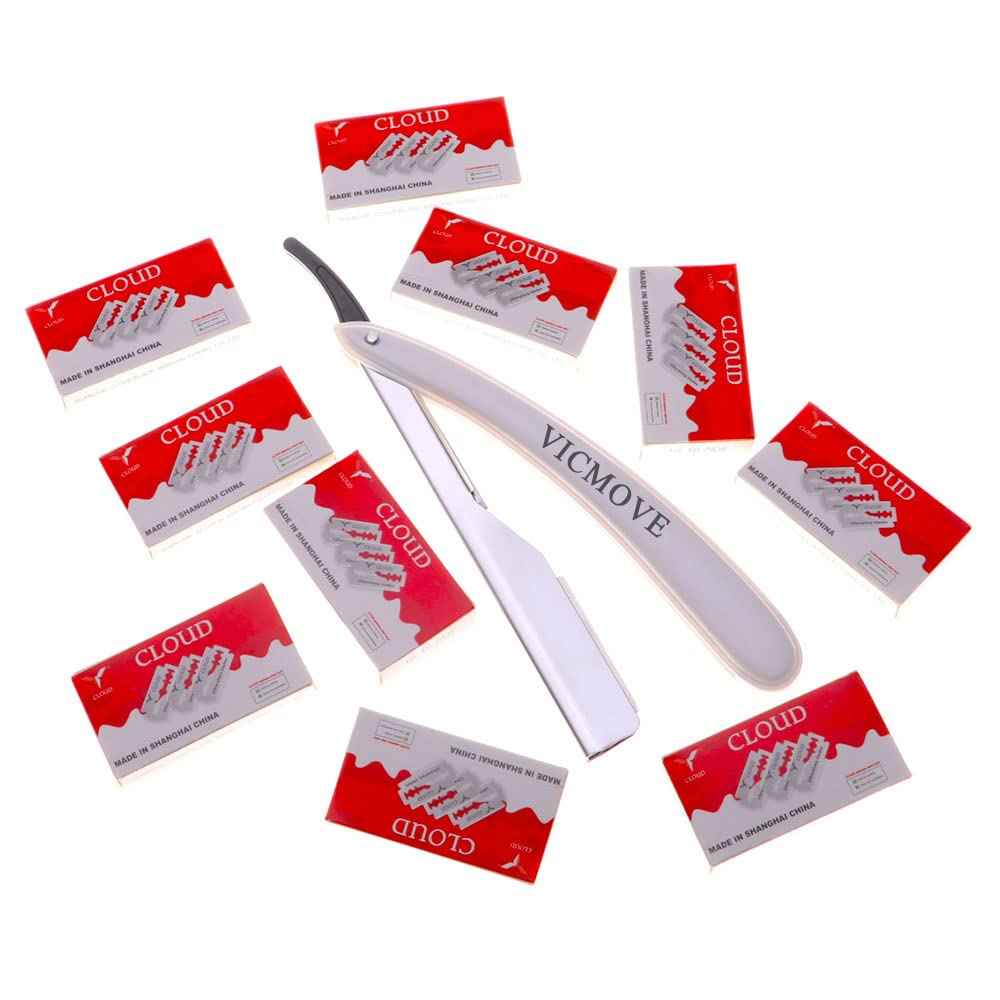 Professional Barber Straight Edge Razor Safety with 200-Pack Derby Blades - 100 Percent Stainless Steel - by VICMOVE (1 razor + 200 blades)