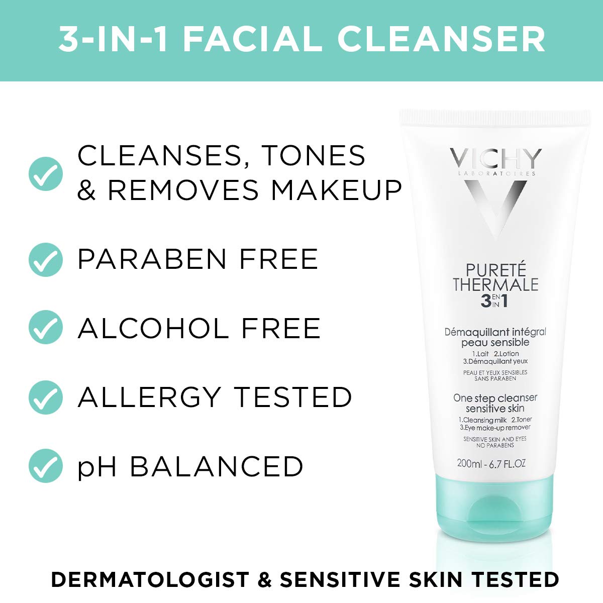 Vichy Pureté Thermale 3-in-1 One Step Facial Cleanser, Gentle Cleansing Milk, Toner, and Makeup Remover, Pack of 3