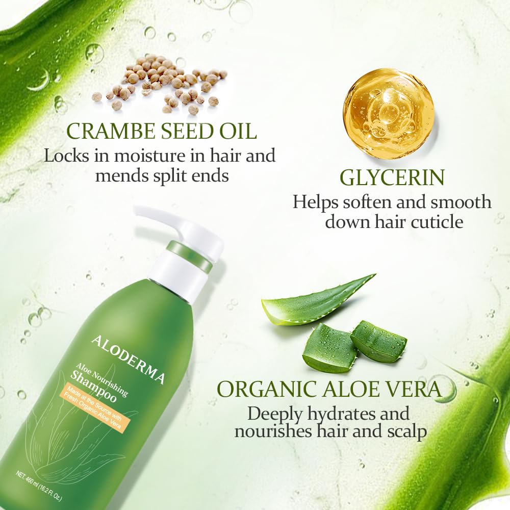 Aloderma Aloe Nourishing Shampoo, Organic Aloe Vera for Damaged Hair, 16 oz
