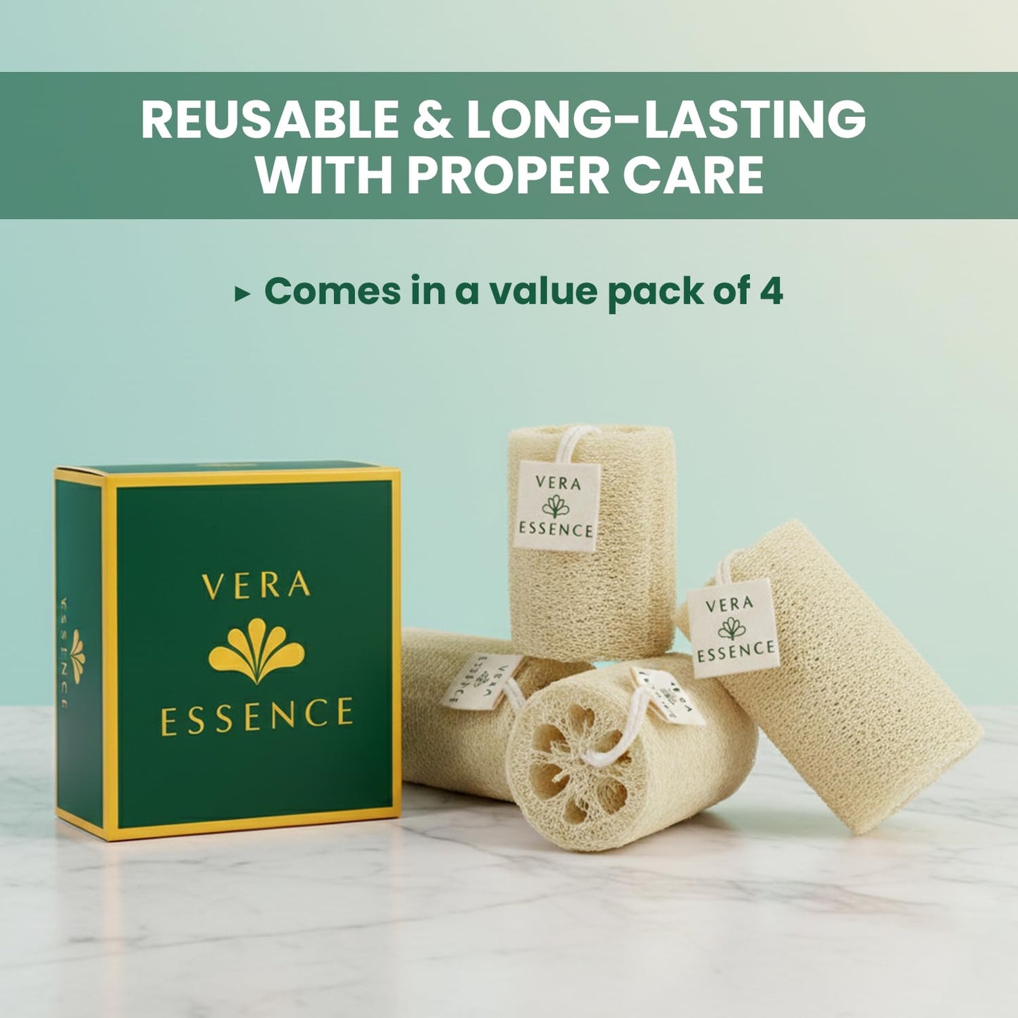 Vera Essence Natural Egyptian Loofah Sponge (Pack of 4) – Organic Bath Luffa for Gentle Exfoliating, Deep Cleansing & Smooth Skin, Natural Shower Sponge for Women & Men