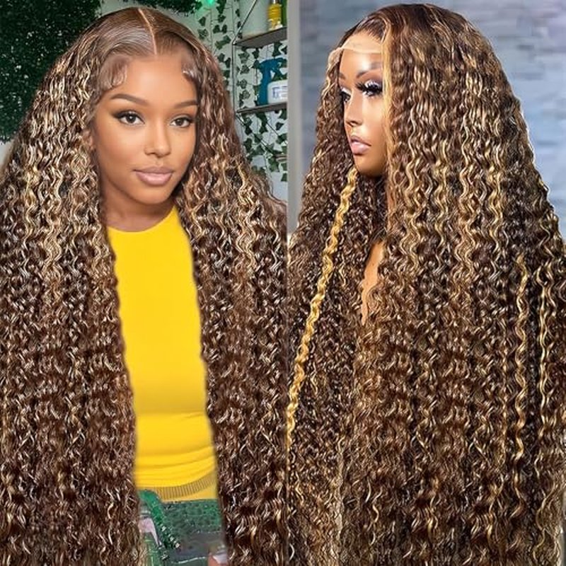 22 Inch Highlight Ombre Deep Wave Lace Front Wigs Human Hair Wig 13x6 Honey Blonde Wig Human Hair HD Glueless Deep Wave Wig 4/27 Colored Wet and Wavy Curly Wig Pre Plucked for Women