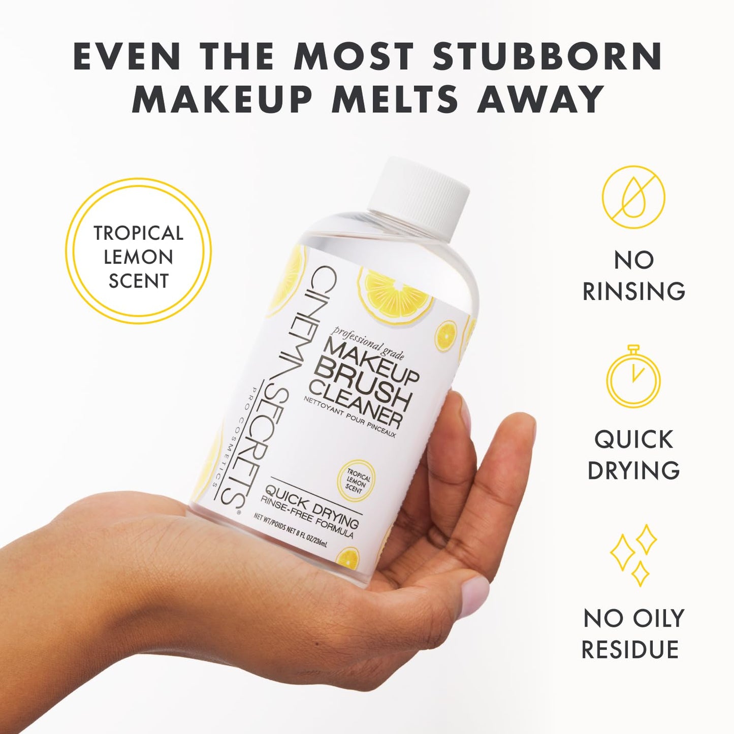 Cinema Secrets Original Makeup Brush Cleaner Solution - Professional Cleanser for Makeup Brushes - Quick-Drying, Rinse-Free Formula - Removes Stubborn Waterproof Make Up - Lemon (4 fl oz)
