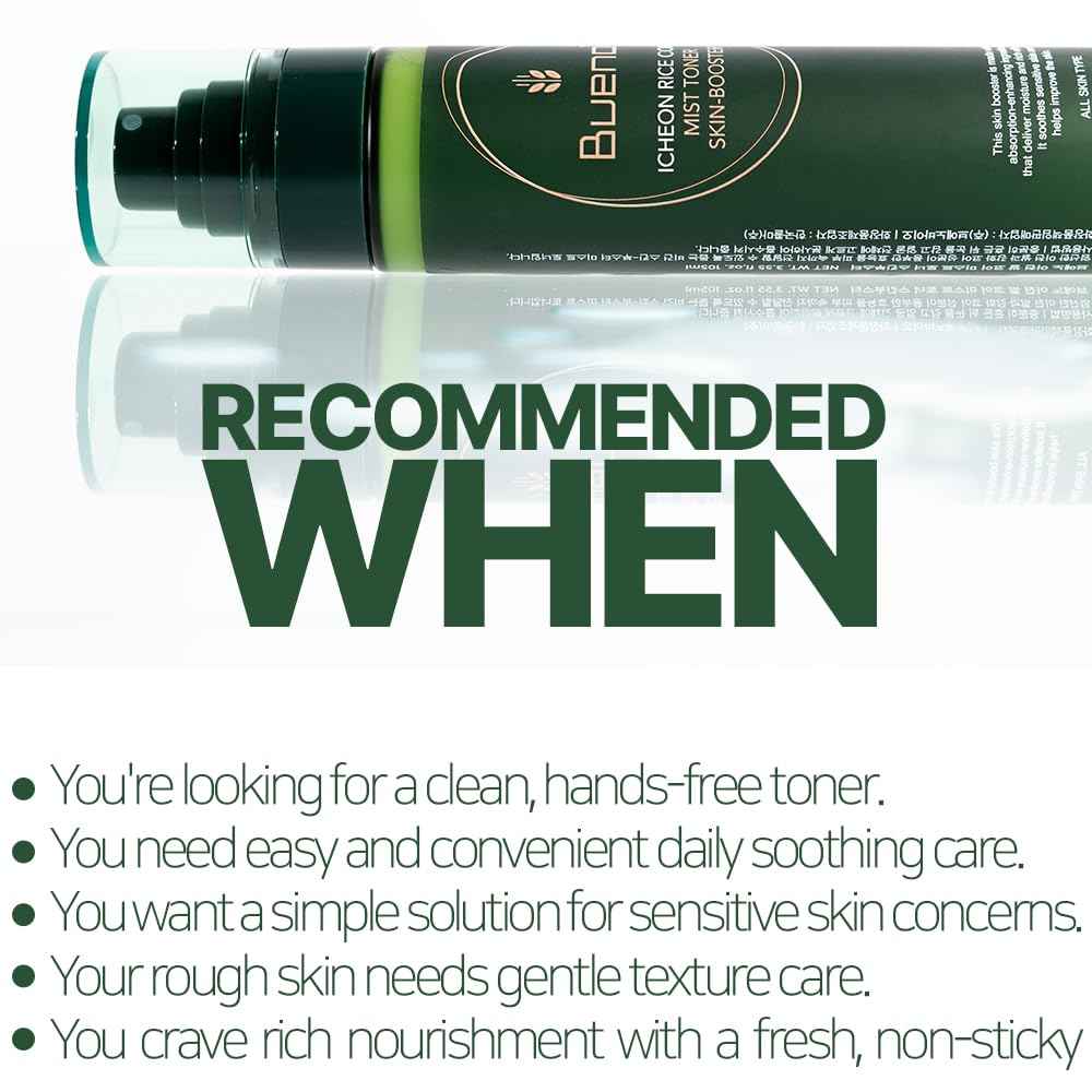 Bueno Icheon Rice Core Mist Toner, 3.55 fl.oz | Spray Toner with Icheon Rice Amino Acids for Soothing & Hydration | 100% Vegan Formula, Korean Skin Care