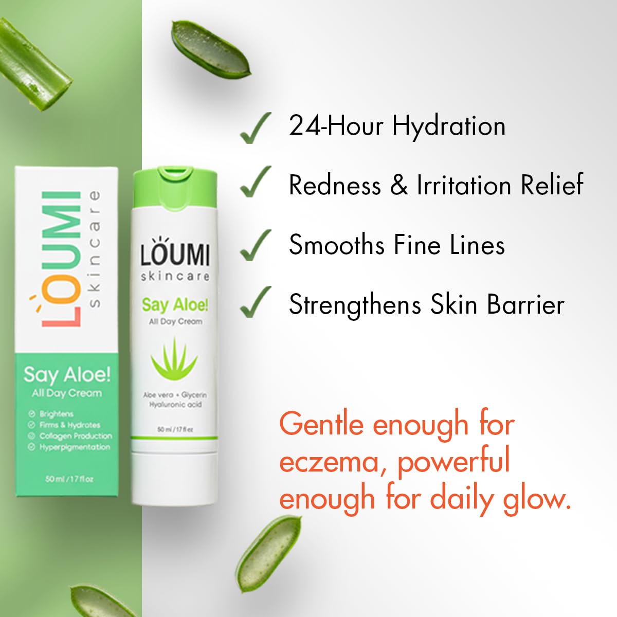 LOUMI Skincare Say Aloe All-Day Face Cream | Hydrating Aloe Vera & Hyaluronic Acid Moisturizer | Nourishes, Soothes & Softens Dry Skin | Natural, Vegan & Cruelty-Free | 1oz