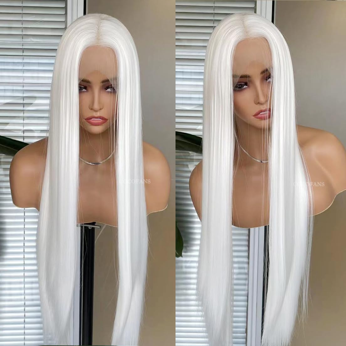 COCOFANS Long Silky Straight White Synthetic Lace Front Wigs for Women