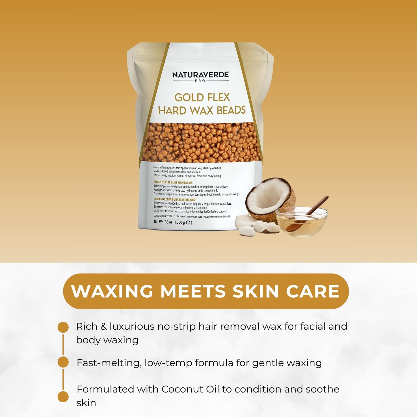 NaturaverdePro Gold Flex Hard Wax Beads, Body and Facial Hair Removal, Brazilian Bikini Wax for Women with Soothing Coconut Oil - 2.2 lbs