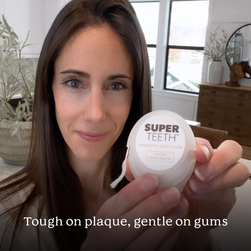SuperTeeth Prebiotic Soft Floss with Hydroxyapatite and Xylitol, Expanding Dental Floss for Adults & Kids, Helps Sensitive Gums, Strengthen Enamel, Natural Plaque Remover, Fluoride & PFA-Free, Vanilla