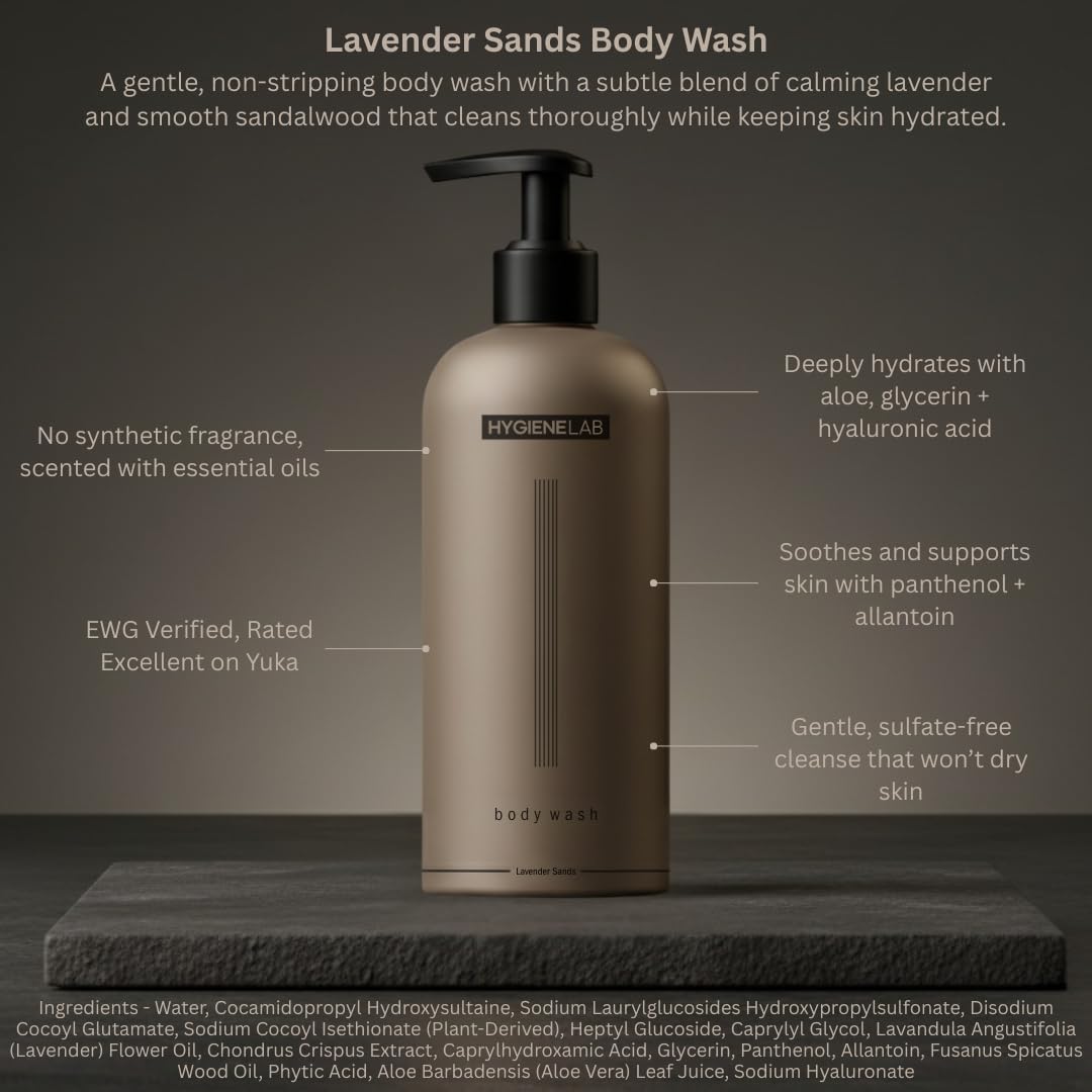 HygieneLab Mens Natural Body Wash - Ultra Hydrating, EWG Verified Clean Formula, Lavender Sands Scent, Sulfate-Free, Paraben-Free, Phthalates-Free, Gentle & Effective for Healthy Skin (10 oz)