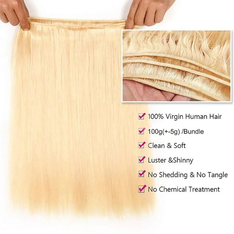 613 Bundles Blonde Bundles Human Hair 16 Inch 613 Straight Hair 1 Bundle 12A Grade Unprocessed Brazilian Virgin Hair Weave Extensions For Women (Single Bundles Human Hair)
