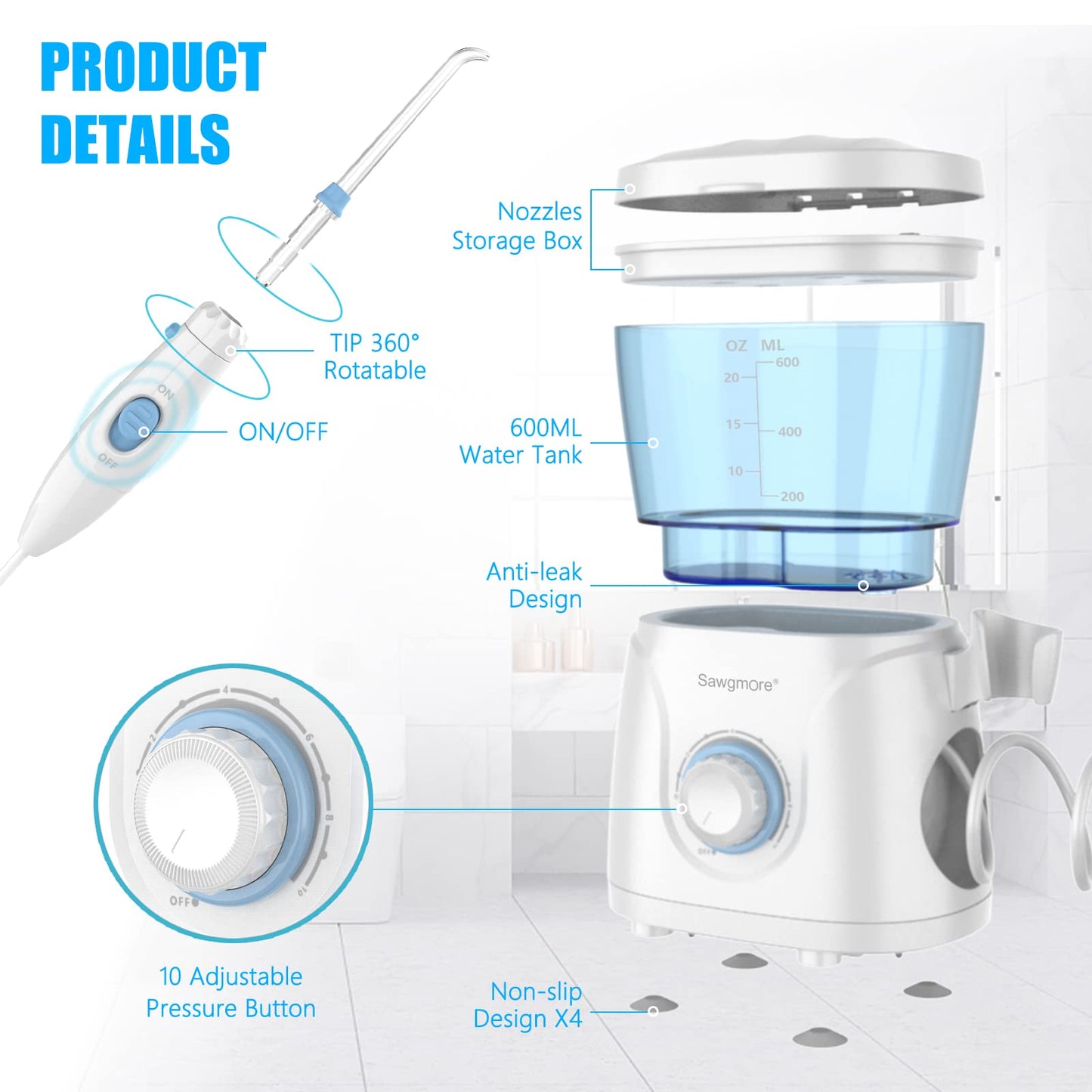 Sawgmore Water Flosser Oral Irrigator, 600 ml Large Capacity, 10 Adjustable Pressures, Electric Flosser for Teeth/Braces, 8 Home Nozzles Oral Irrigator(White)